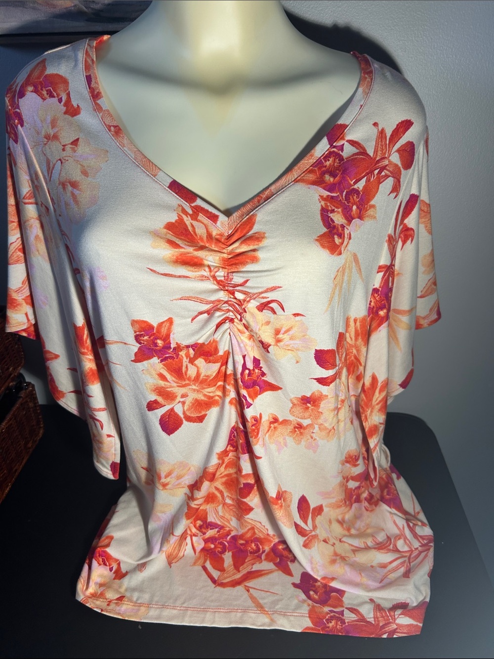 Chico's Floral V-Neck Gathered Front Top - Orange/Pink on Cream